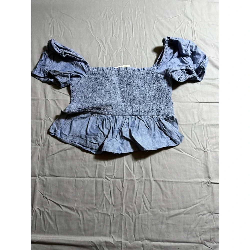 J. Crew Smocked Off-the-Shoulder Top Women L Blue NEW Chambray Puff Sleeve BG075